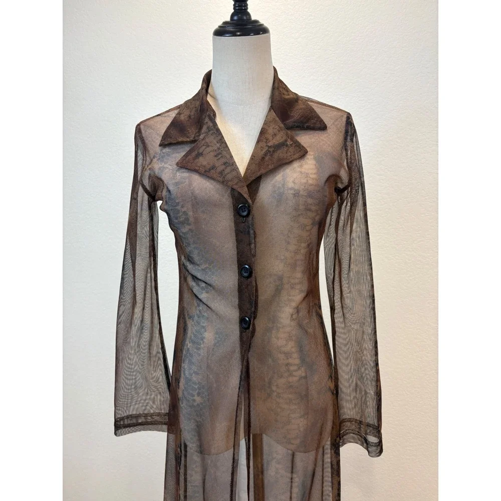 Vtg Y2K Sheer Duster M Brown Snake Skin Print Whimsigoth Goth Indie Grunge Boho - Picture 3 of 6